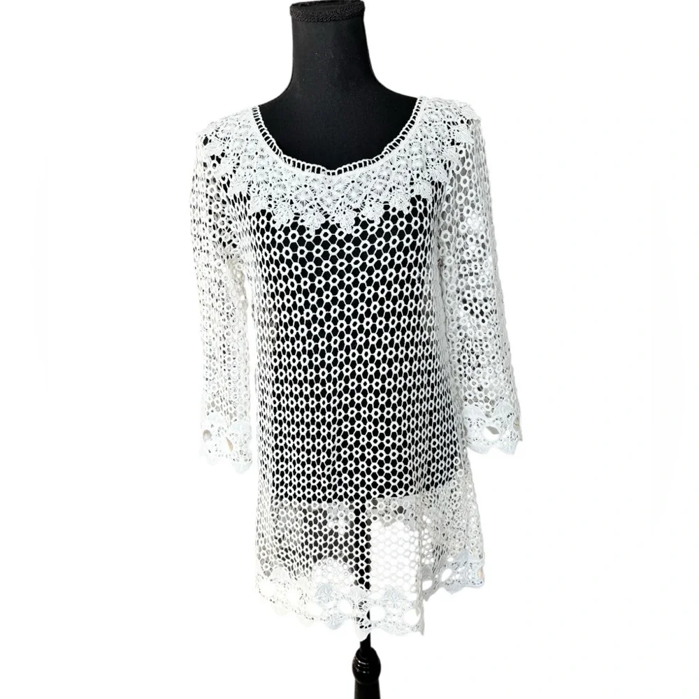 White Crochet Lace Bridal Tunic Bachelorette Beach Bride Honeymoon Cover Up S - Picture 2 of 8